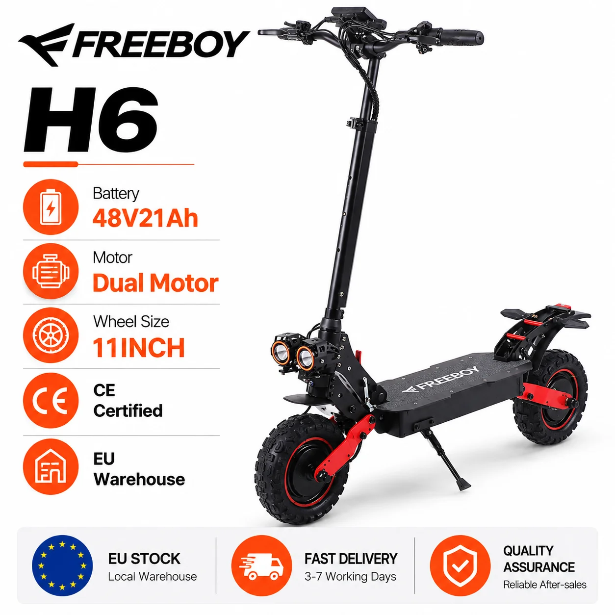 Monopattino elettrico FREEBOY H6 con doppio motore, batteria da 48 V e 21 Ah, pneumatici da 11 pollici per uso fuoristrada, doppia sospensione, pieghevole, adatto a tutti i tipi di terreno, per