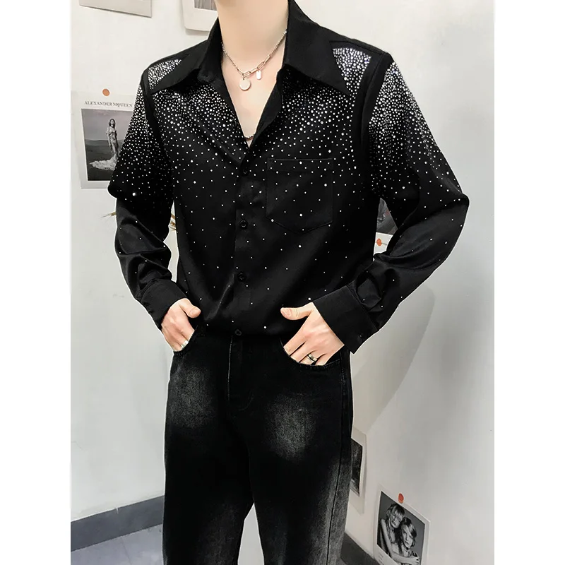 Men\'s Padded Shoulder Shirts Men\'s Handsome 2024 Spring Summer New Design Fashion Tops Loose High-End Starry Rhinestone Shirt