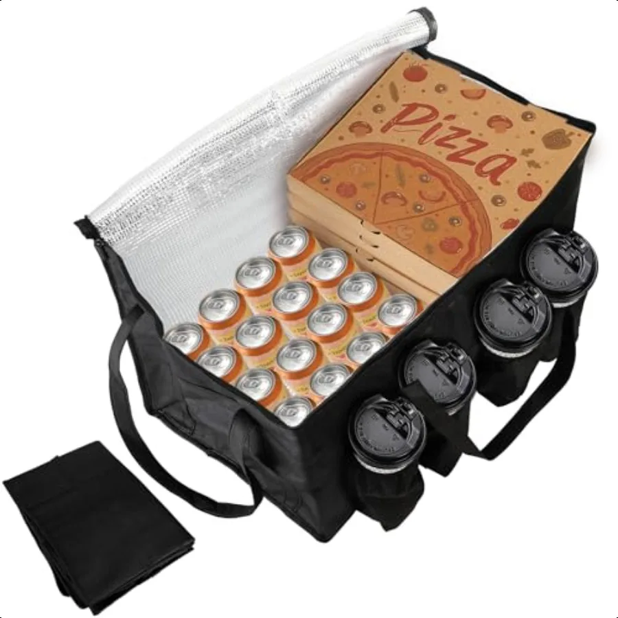 Bolsa isolada para entrega de alimentos, 2 pacotes com 4 porta-copos, 22x13x15 espaços, aquecedor, maleta, refrigerador, porta-bebidas com parte superior com zíper
