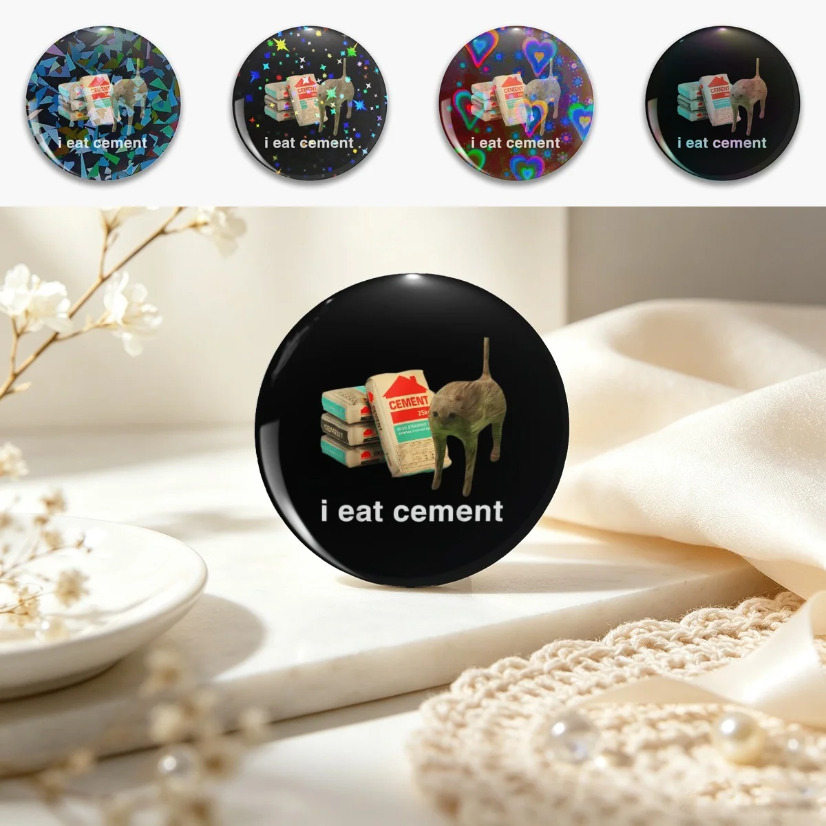 I Eat Cements Cursed Cat  Pin Holographic Star Heart Pin Brooches Laminated Button Fashion Accessory