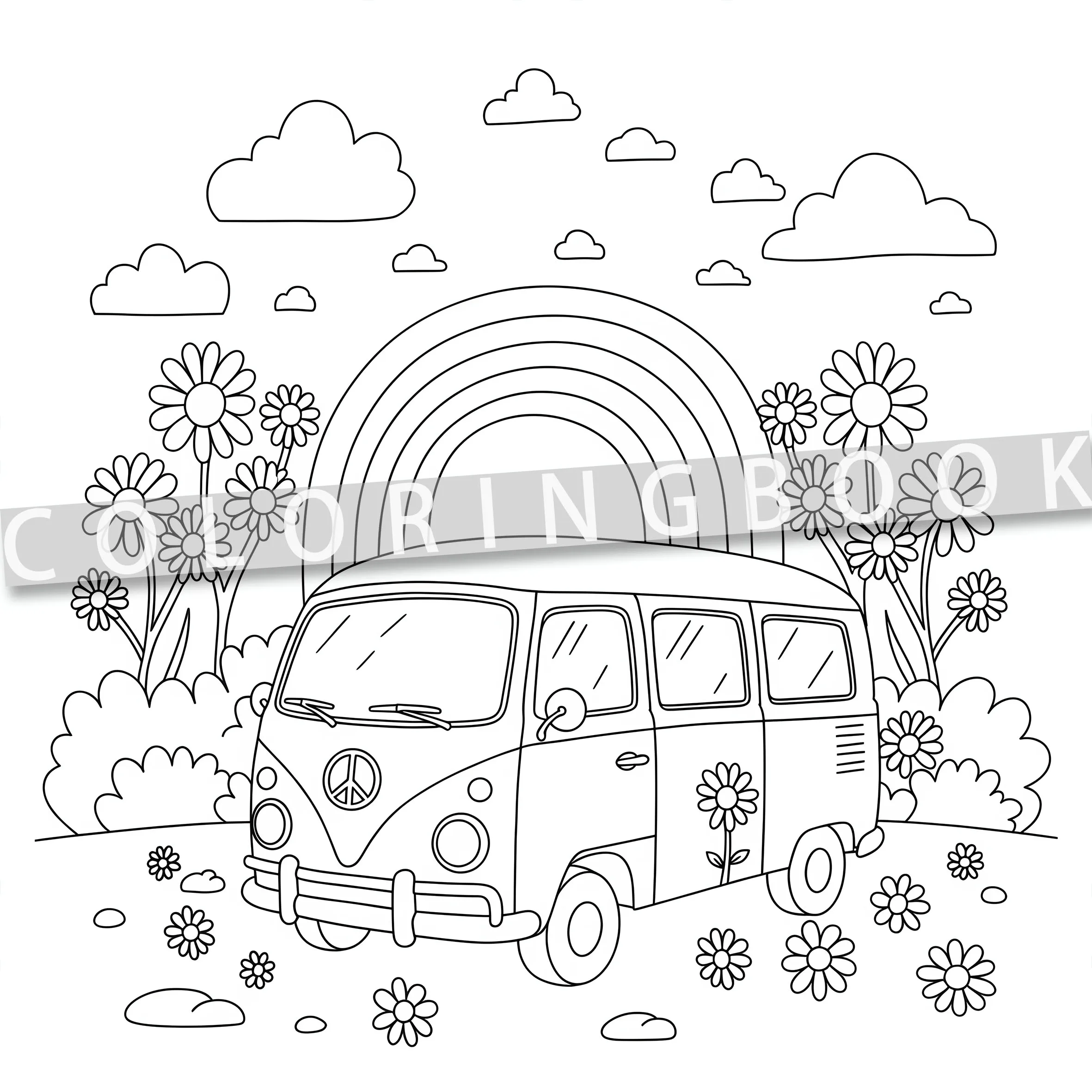 Groovy Boho Coloring Book: Simple Black and White Art for Relaxation - Various Scene Illustrations