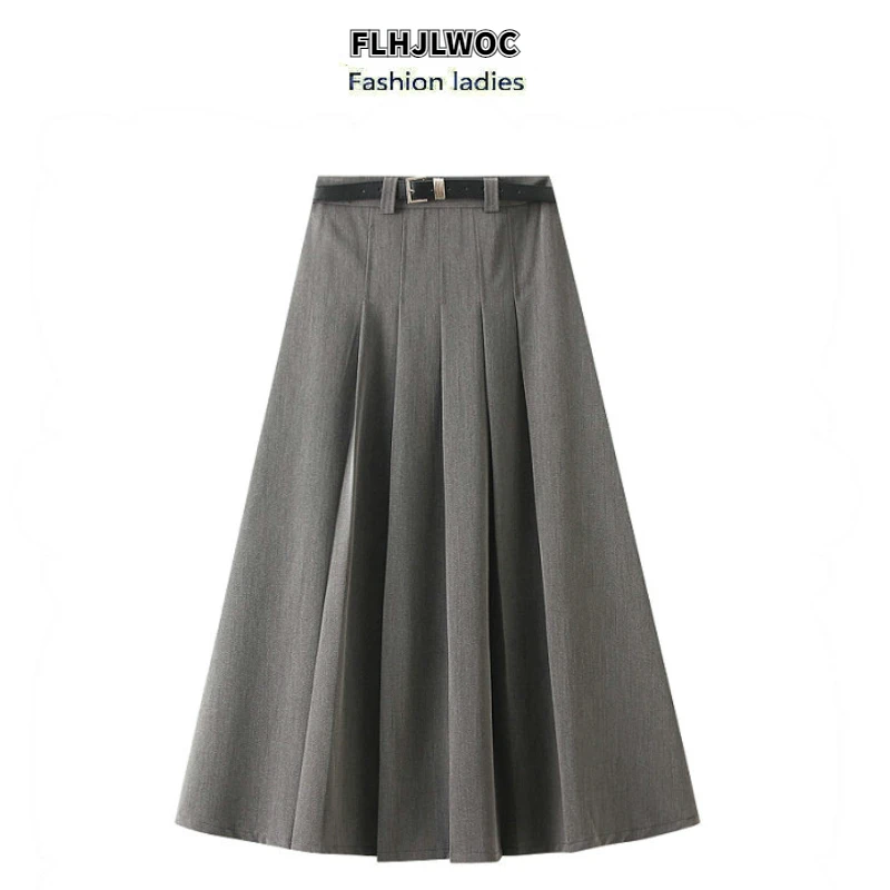 

Long Skirts With Belt New 2024 Spring Chic Korea Fashion Design Solid Retro Gray Black High Waist Pleated Skirt