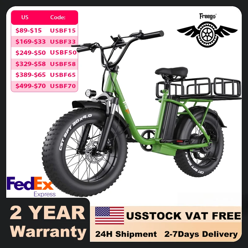 

Freego Electric Dirt Bike for Adults 20" x 4 Fat Tire Electric Bicycle 48V 25AH Battery with Front and Rear Cargo Rack 2 Seater