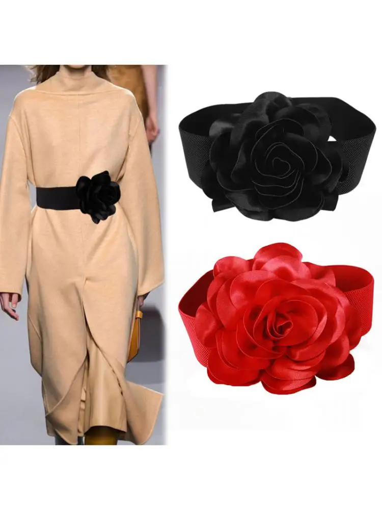 New Design Black Large Flower Decoration Wide Belt Versatile Red Elastic Women Waistband Coat Dress Accessories Skirt All Season