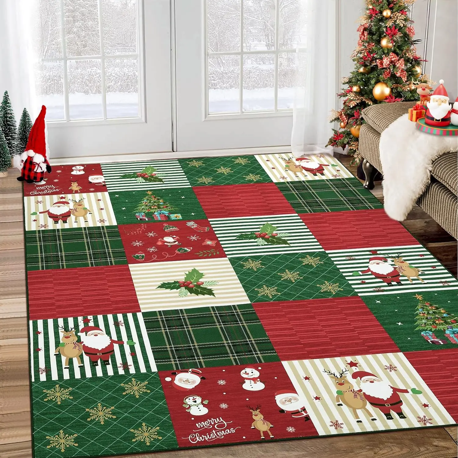 Christmas Area Rug with Santa and Reindeer