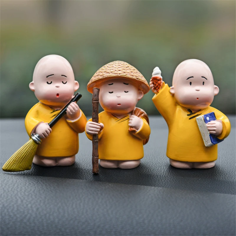 3Pcs/Set Cute Monk Cartoon Car Ornaments Zen Buddhism Blessing Lucky Mascot Chinese Kung Fu Tea Pet Office Desktop Gadgets