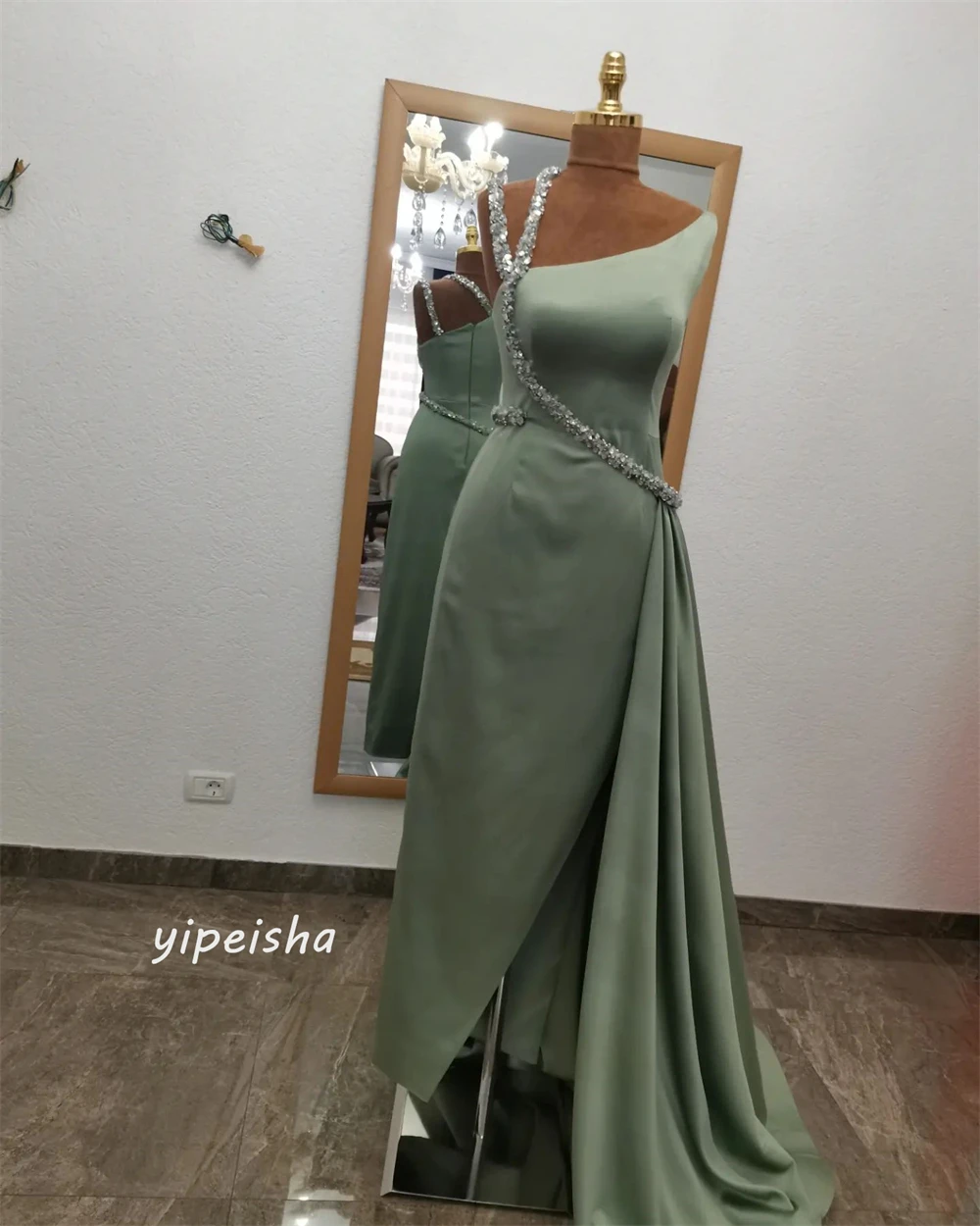 Jersey Beading Draped Pleat Christmas A-line V-Neck Bespoke Occasion Gown Long Dresses