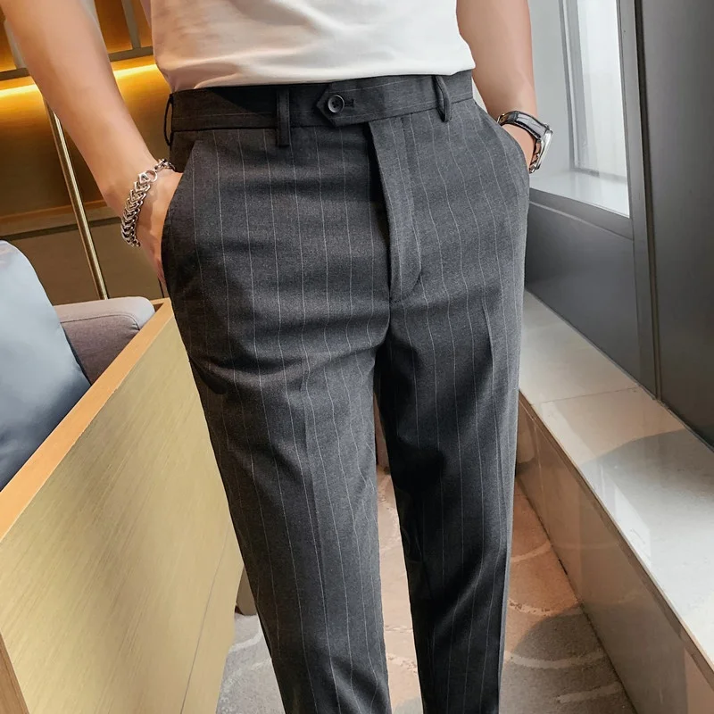 

Модные мужские повседневные брюки в полоску, весенне-осенние, эластичные, облегающие, укороченные, в корейском стиле, для делового повседневного образа