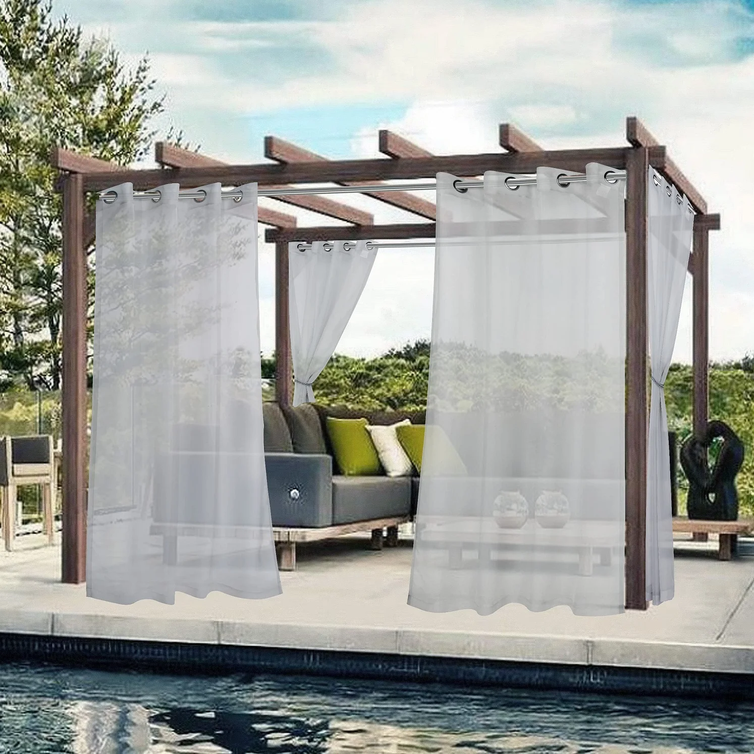 Waterproof Sheer Outdoor Curtains for Patio, Privacy Drape for Cabana, Corridor Sun Room, Pool Hut, Canopy Deck