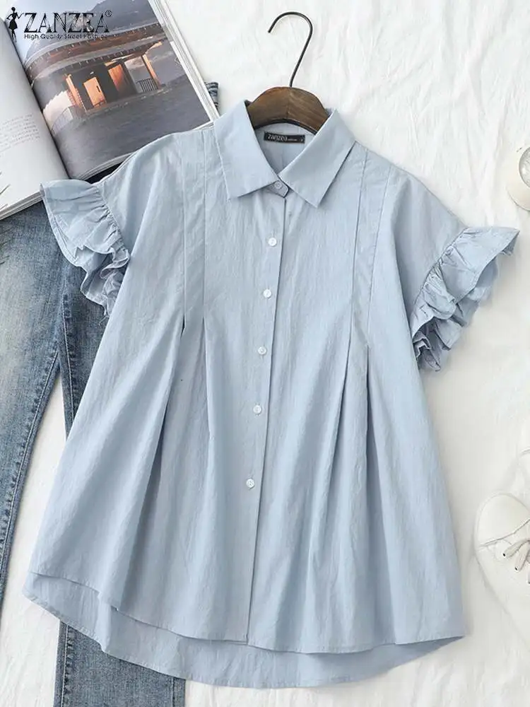 

ZANZEA 2024 Summer Lapel Neck Buttons Blouse Korean Women Solid Shirt Sweety Ruffles Short Sleeve Tops Fashion All-match Blusas