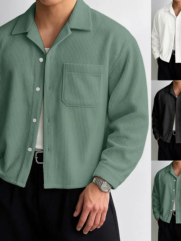 American Style Men's Pure Color Corduroy Shirt Loose Short Coat Casual Long Sleeve Button up Jacket for Spring Autumn