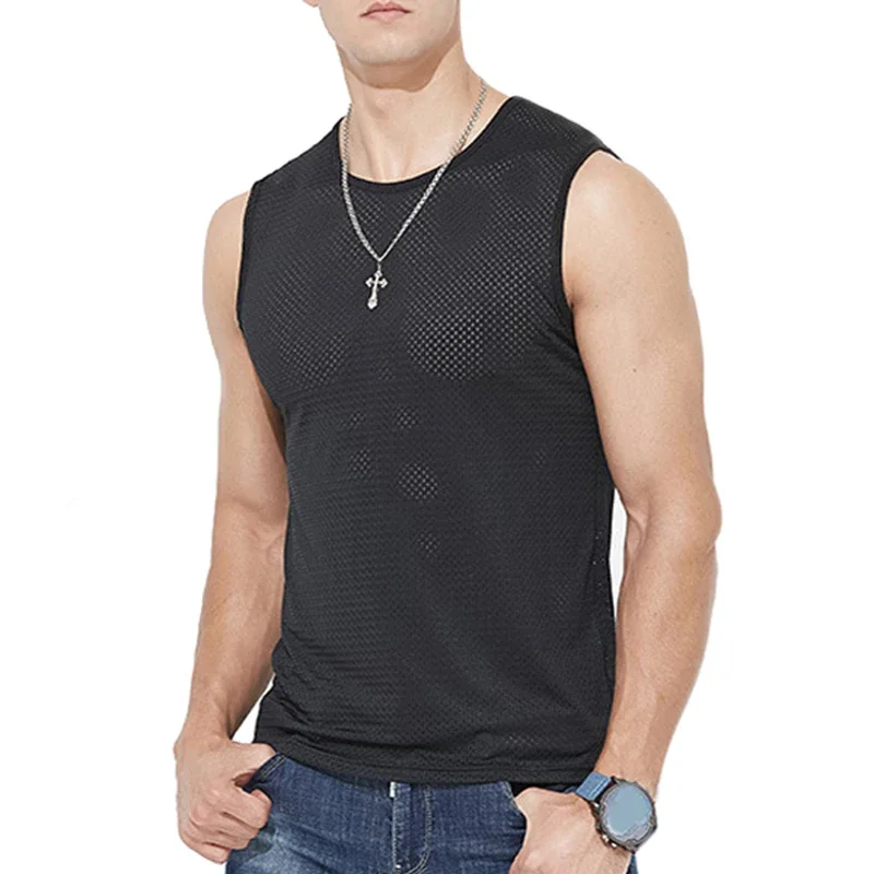 Shirts Sleeveless Ice Thin Eye Tops Ice Wear Silk Silk Screen Sport Breathable Mesh Outer Quick-drying Hole Men Casual Vest