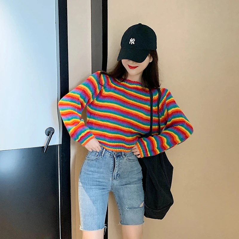 Korean Rainbow Knitted Sweater Women Runway Jumpers Loose Women's Clothes Autumn 2019 Plus Size Casual Female Top Pullovers