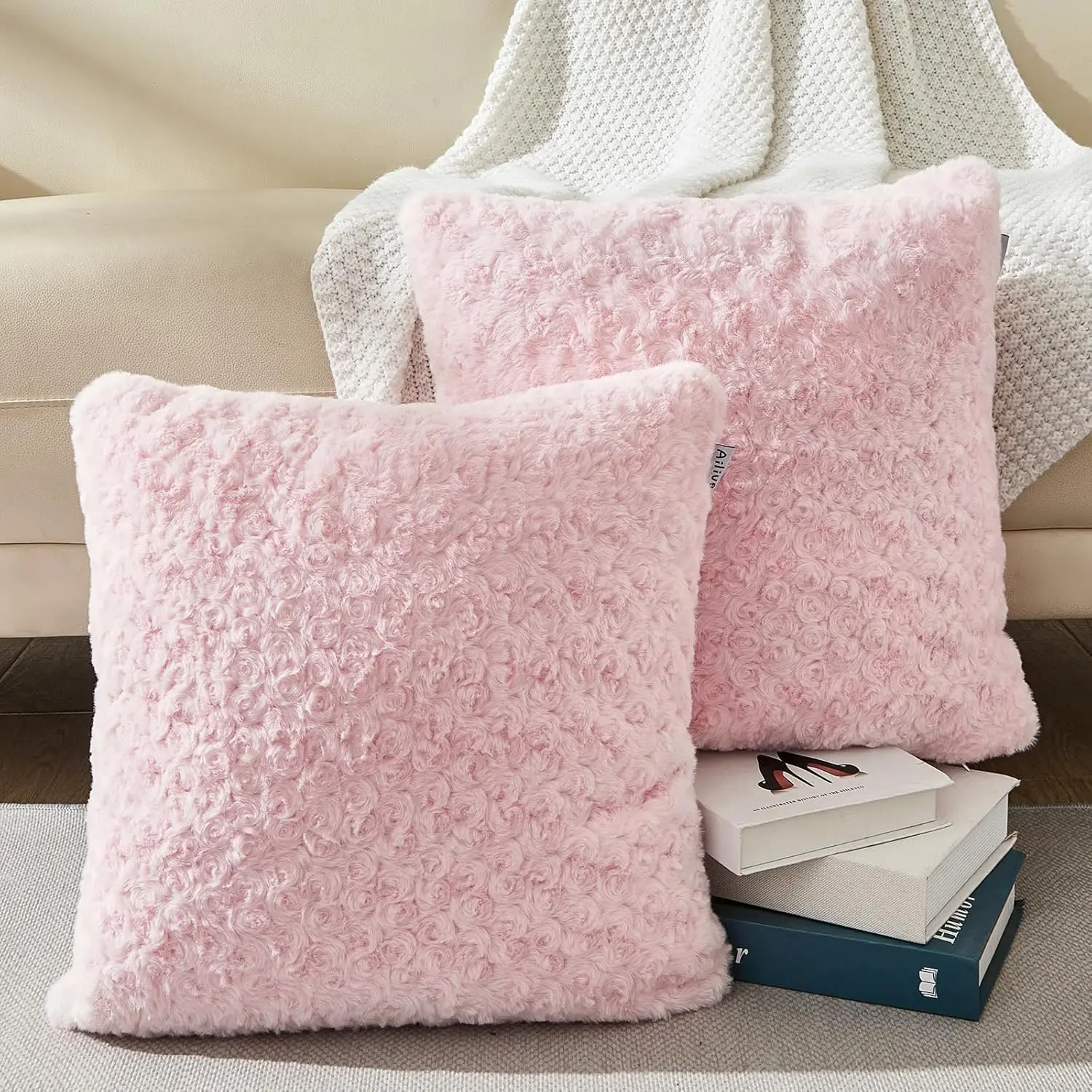 

Pink Throw Pillows (Set Of 2) 18X18 H - Fluffy Faux Rabbit Fur With Rosette Emed Design, Ultra-Soft Decorative Pillow Covers