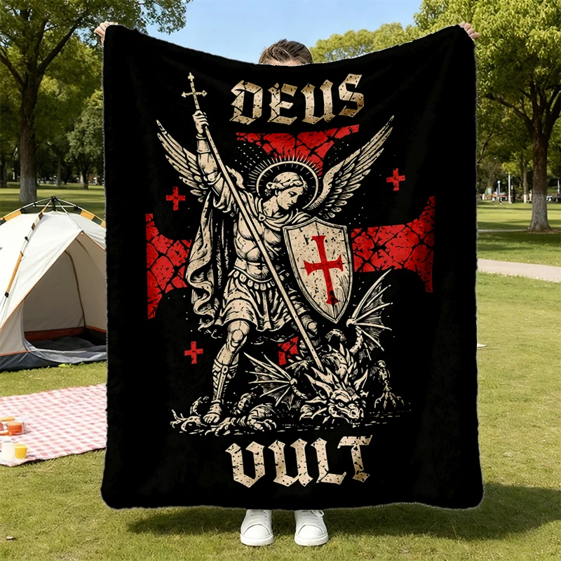 Saint Michael Archangel Flannel Throw, Catholic Warrior Flannel Blanket, Deus Vult Christian Warm Blanket, Religious Got
