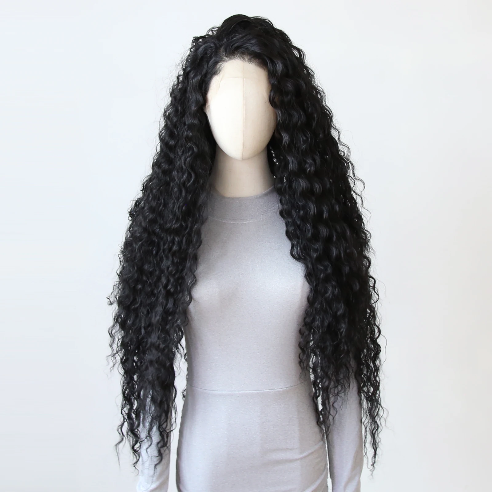 

Черный вьющийся синтетический парик спереди, 40 дюймов, длинный глубокий вьющийся парик, синтетический парик спереди, предварительно выщипанные натуральные волосы