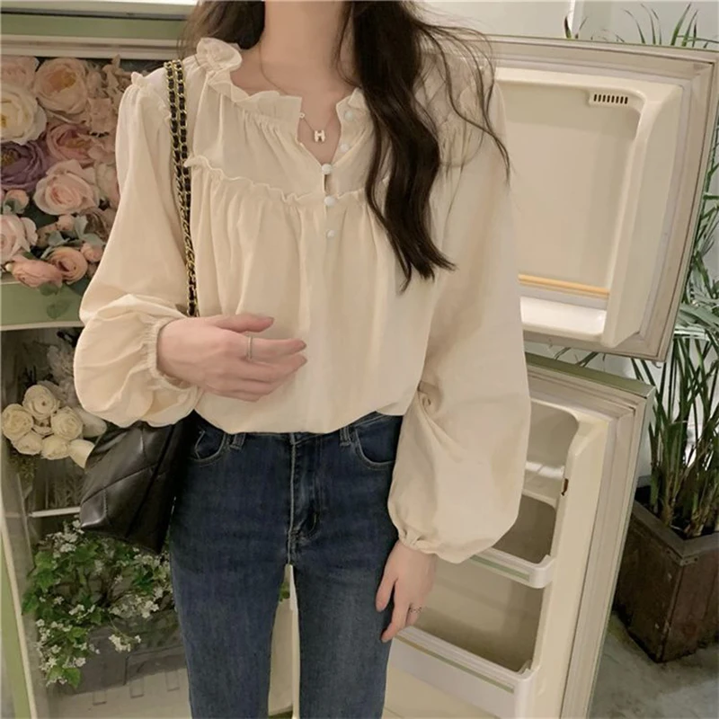 

Blouses Women Sweet Elegant Pure Puff Sleeve Tender Loose Spring Autumn Tops Preppy Style Version Casual Retro Solid Shirts