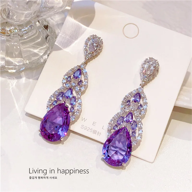 Purple Earrings for Women Luxury Wedding Jewelry Water Drop Earrings Cubic Zirconia Shiny Trendy Jewery Gift Wife Friend