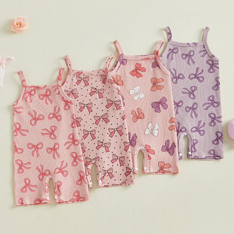 

2024-12-31 Lioraitiin Toddler Baby Girl Sleeveless Romper Casual Bow Print Summer Jumpsuit Newborn Cute Clothes