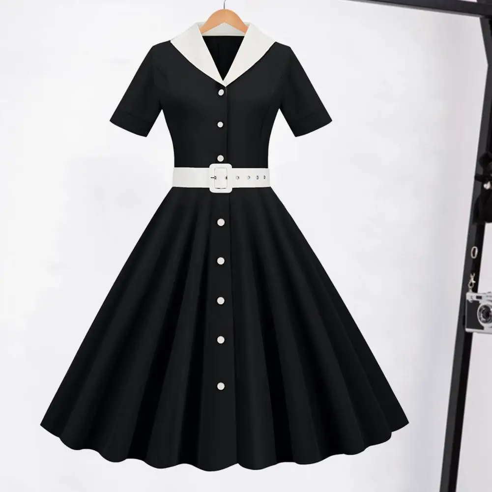 

Party Dress Vintage-inspired V Neck A-line Midi Dress With Belt Princess Style Retro Short Sleeve Lady Dress For Women High