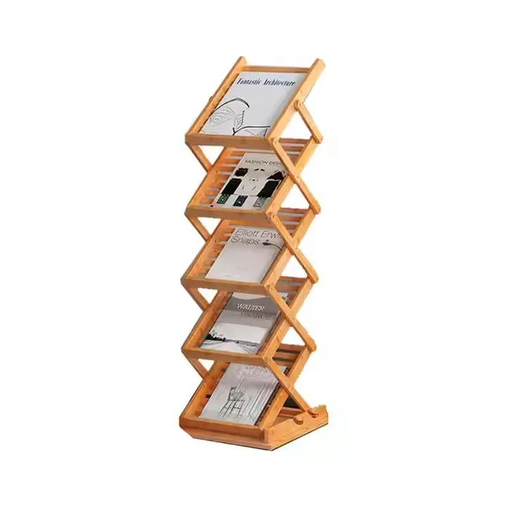 Solid Wood Bookshelf Display Rack Bamboo Foldable Magazine Rack Home Office Retail Shelf Display Floor-Standing Storage Cages