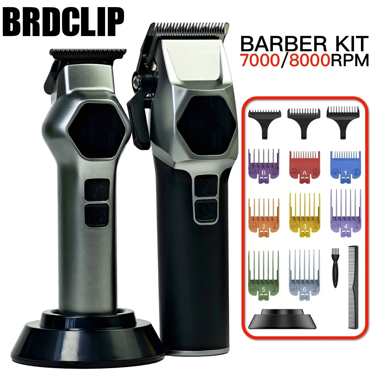 

BRDCLIP BRD512-712 Профессиональная машинка для стрижки волос с многоскоростным регулированием, 8000 об/мин, 7000 об/мин, триммер для парикмахерской, лезвие DLC, зарядная база