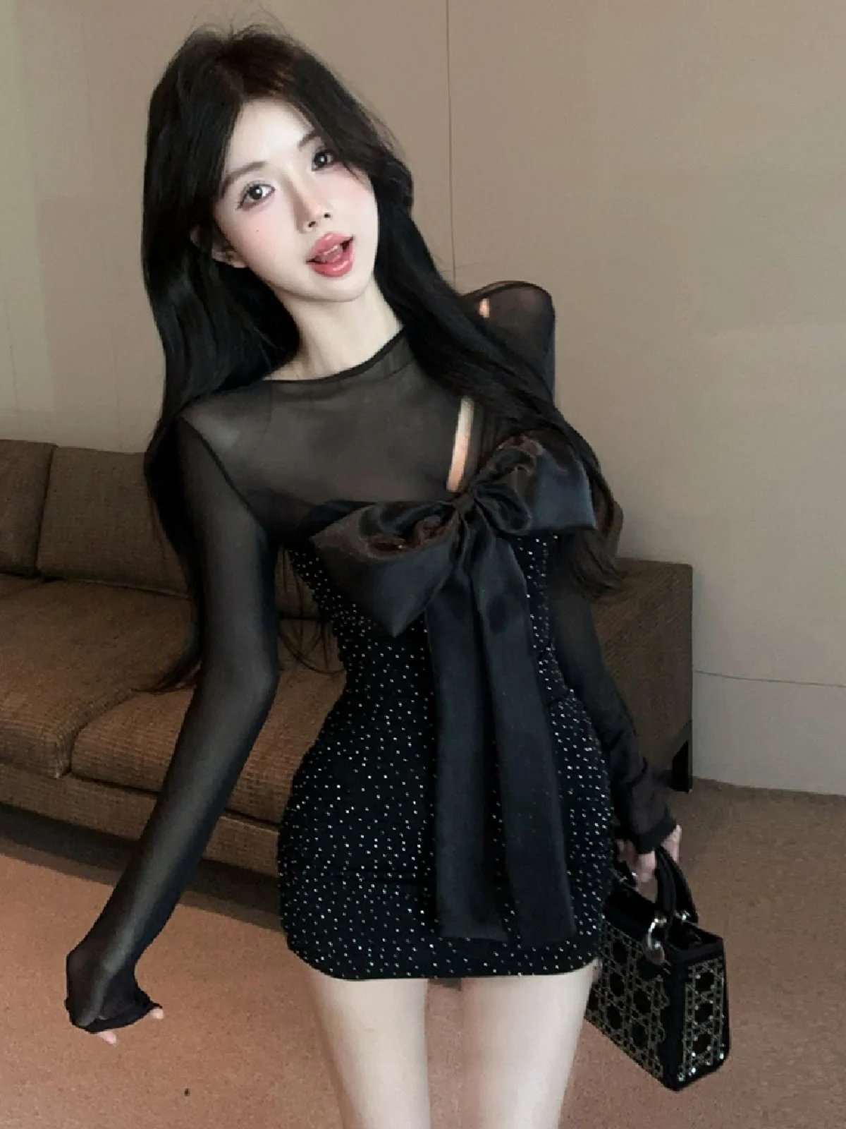 

Sexy Sweet ort Bla Dr with Heavy Rhinestone And Me Panel Design Slimming H-ape Long Sve High Waist Spring Autumn