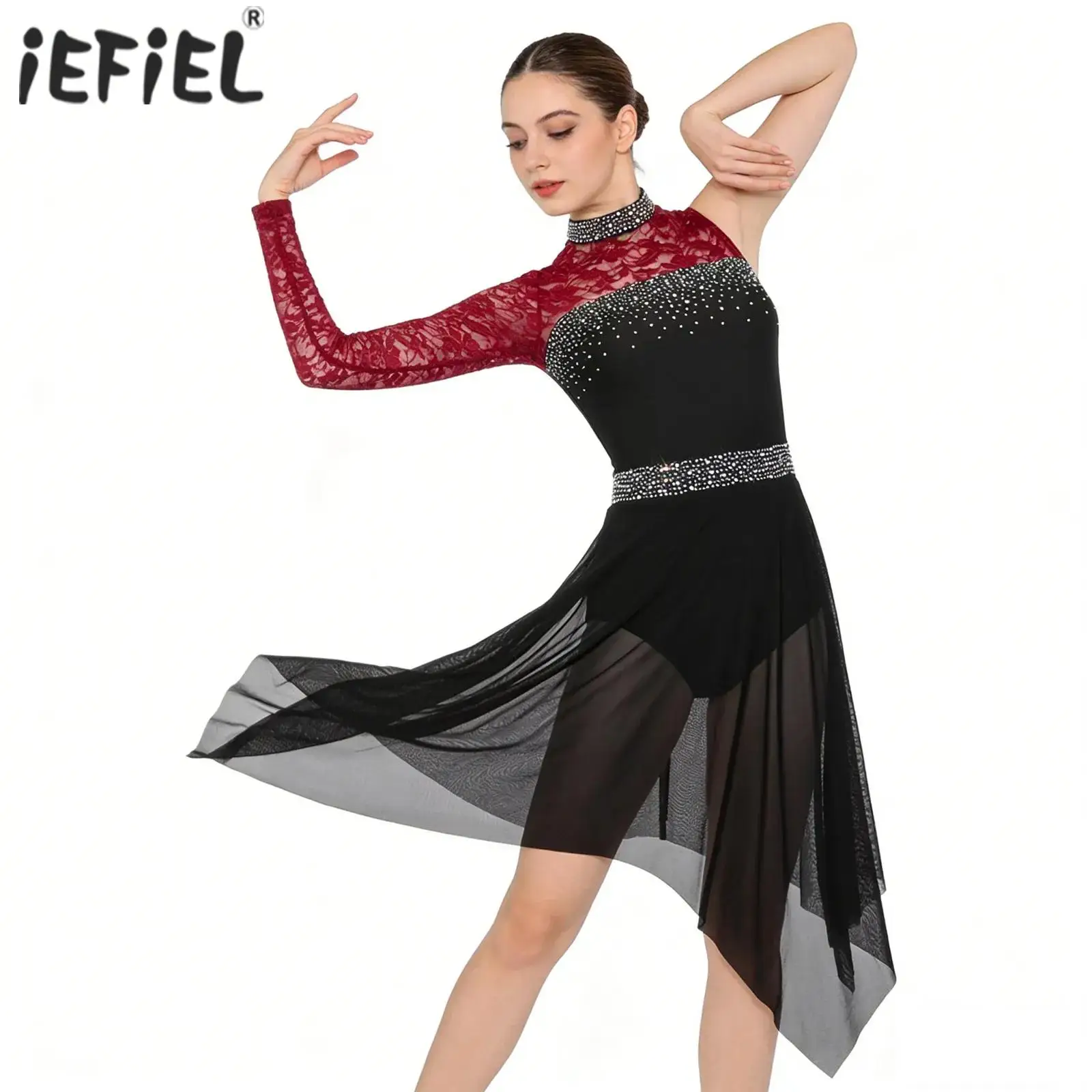 

Womens Rhinestone Ballet Lyrical Dance Waltz Dress Lace High Neck Irregular Mesh Modern Contemporary Dance Performance Costume
