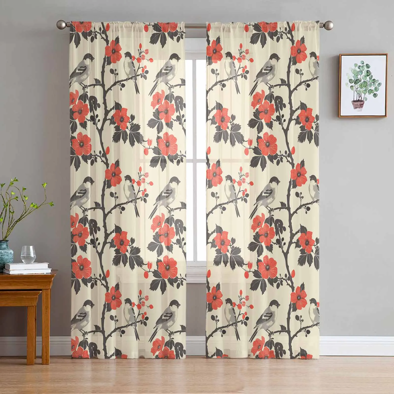 Plant Flower Bird Branch Tulle Curtains for Living Room Bedroom Modern Chiffon Sheer Voile Kitchen Window Curtain