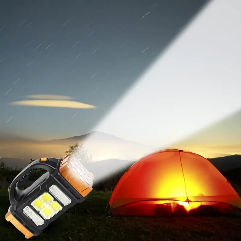 Solar Powered Rechargeable LED Multifunctional Portable Light USB Dual Light Source Outdoor Searchlight Camping Light for Hiking