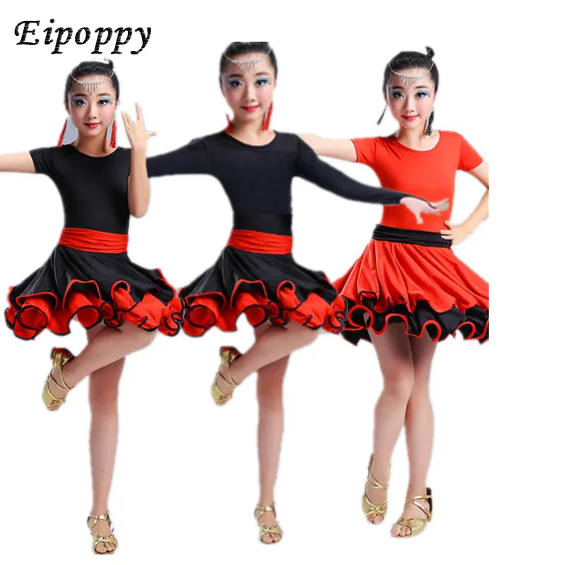 Kinder Latin Dance Übungs kleidung Show Performance Spiel Kostüm Langarm Kinder neues Kleid weiblichen Tanzrock