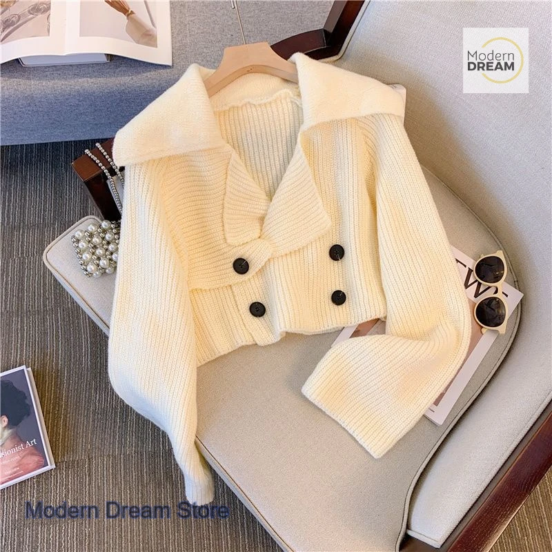 

French style fashion lazy wind lapel chic long-sleeved sweater women's autumn and winter short knit cardigan fashion Joker top.