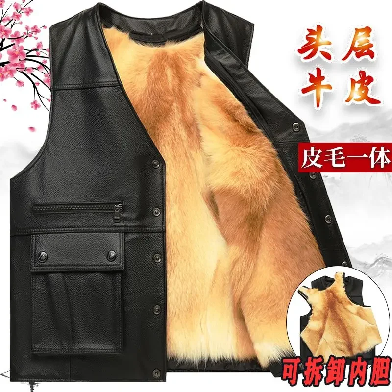 

Winter fur Large piece of Genuine Leather Motorcycle Vest Mens Fit Real Cowhide Leather Waistcoat Bikers Vest sleeveless jacket