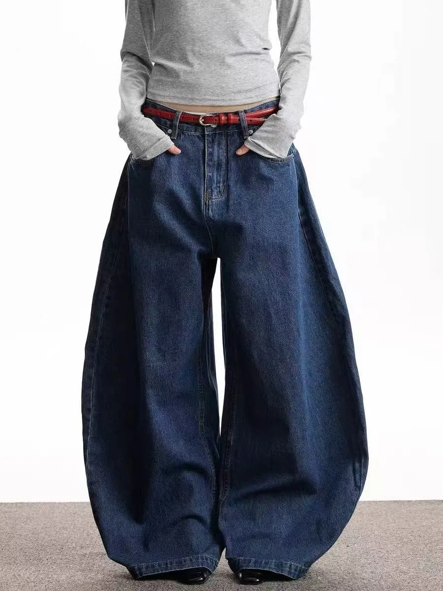 Jeans Retrô Americano Lavado com Efeito Desgastado Unissex para Todas as Estações, Corte Solto, Perna Reta, Calça Longa Azul ...