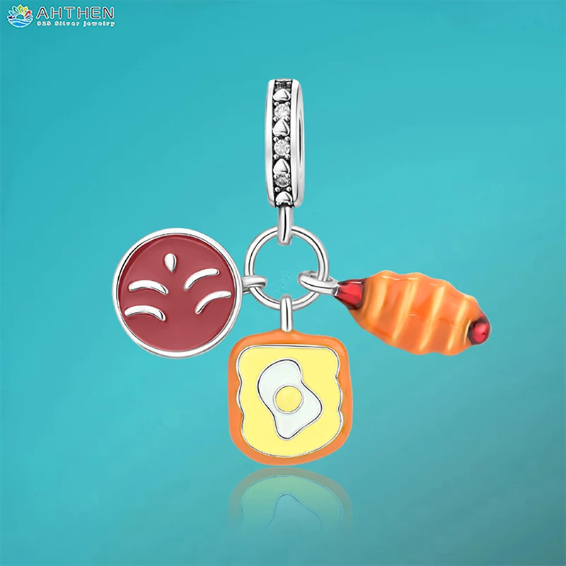 Ahthen-abalorio colgante de cuentas de plata esterlina 925 para mujer, pan de café, Hot Dog, pulseras de cadena de serpiente, collares para mujer, fabricación de joyas