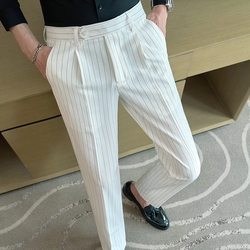 2024 Spring/Summer Korean Striped Straight Tube Men's Pants Fashion Simple Business Casual Pants Classic Solid Color Luxury Suit