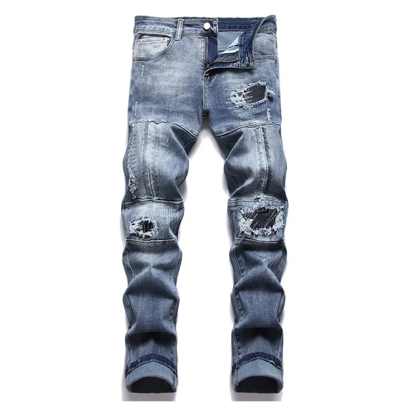 

Mcikkny Vintage Men Ripped Pleated Jeans Pants Blue Slim Fit Straight Denim Trousers For Male Patchwork