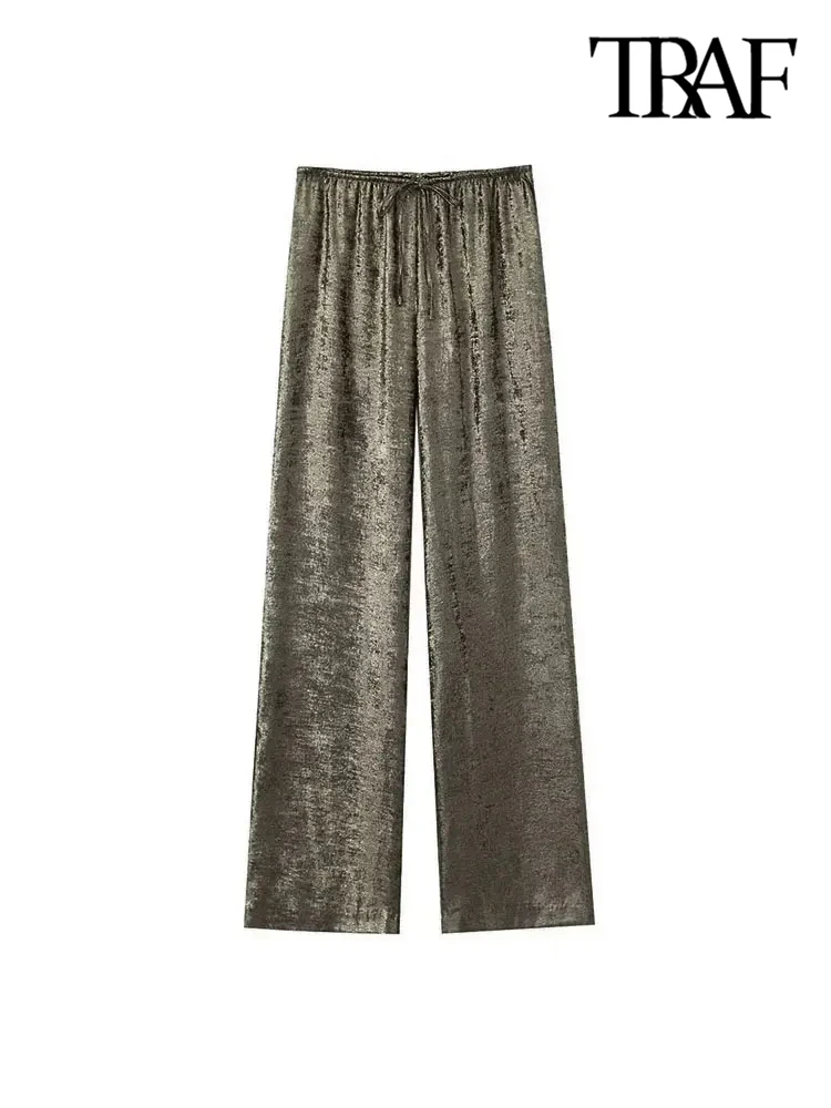 TRAF-Women's Metallic Straight Pants, High Elastic Waist with Drawstring, Female Trousers, Fashion