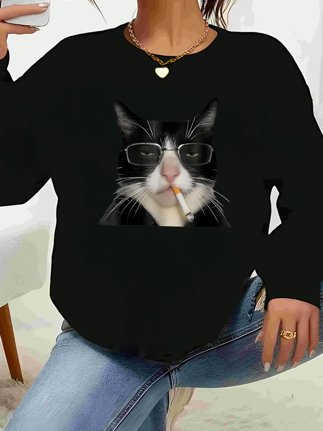 

Cat with Glasses and Cigarette Print Long Sleeve Top Halloween Casual Wear Women