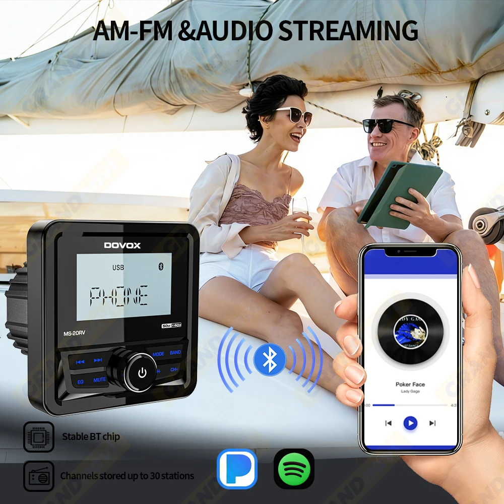 GRANDnavi Marine Radio Boat Stereo Bluetooth FM AM Digital Media Audio Player Waterproof For Yacht ATV UTV Golf Cart Motorcycle