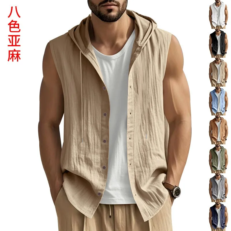 

Linen Shirt Wrinkle Free Lightweight Open Front Shirts Hooded Relaxed Fit Solid Color Top Sleeveless Vest Button Front Loose