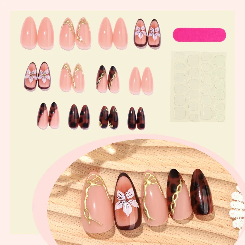 24 Uds Otoño Invierno ámbar almendra prensa en uñas flores 3D patrones dorados uñas postizas francesas para mujeres uñas postizas con estampado de leopardo
