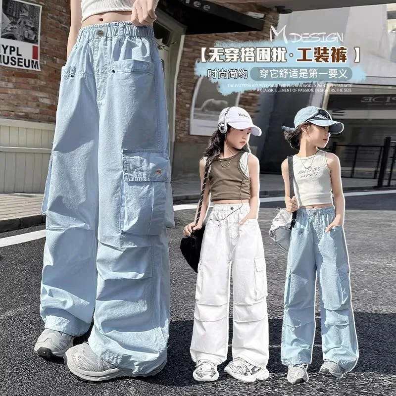 Lässige Cargo-Hosen für Teenager-Mädchen, Frühling/Sommer, einfarbig, lockere Sporthose für 5, 6, 8, 10, 12, 14 Jahre, dünne Hose mit geradem Bein für Kinder