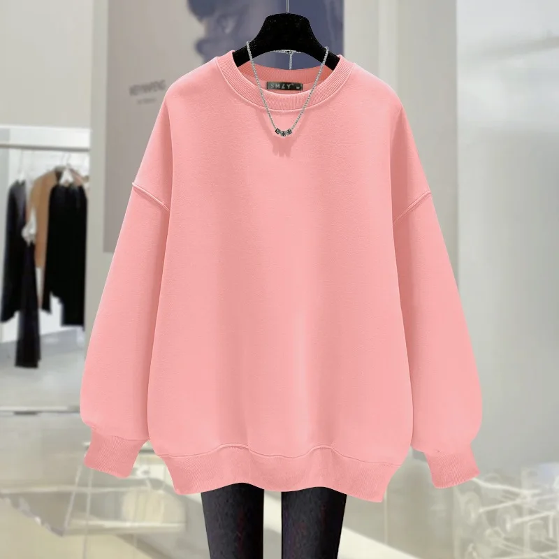 

Pink Sweatshirt For Women, Lined And Thickened, 2026 Autumn Winter New Style, Solid Color, Casual Loose Pullover