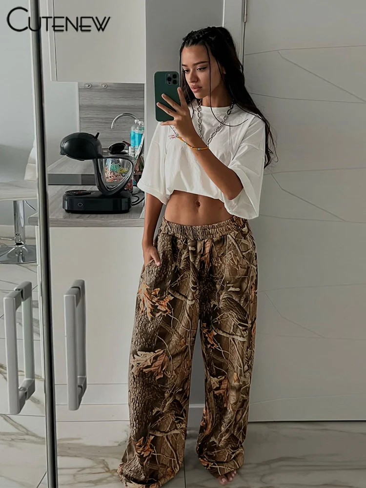 Cutenew Aesthetic Printed Women Pants Female Hipster 2024 New Elastic Waist Overzied Trousers Female Classic Attractive Bottoms