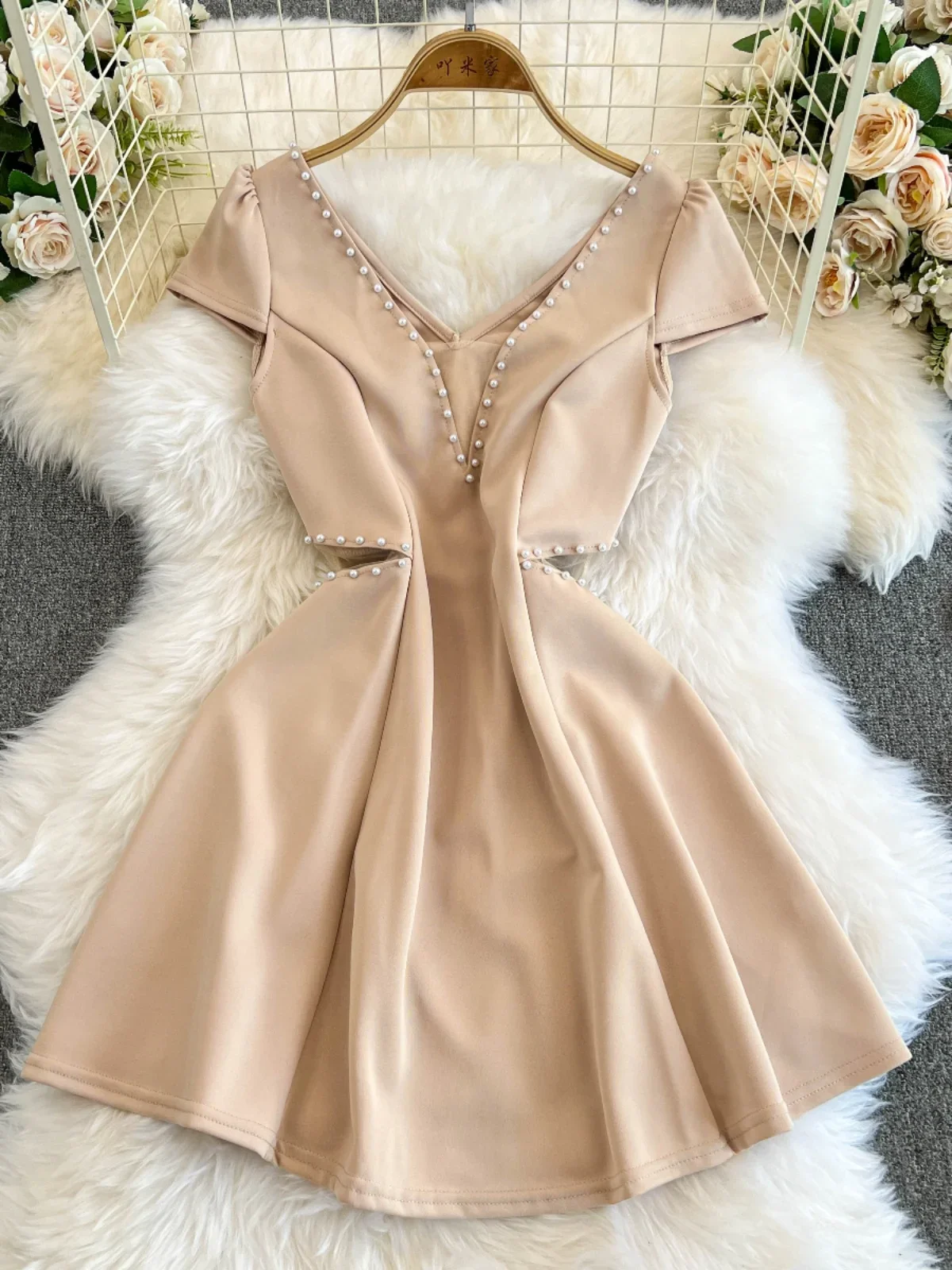 Foamlina Red V-neck Night Club Dress Female Sexy Mesh Waist Hollow Out Skinny Backless Low Chest A-word Dress for Women
