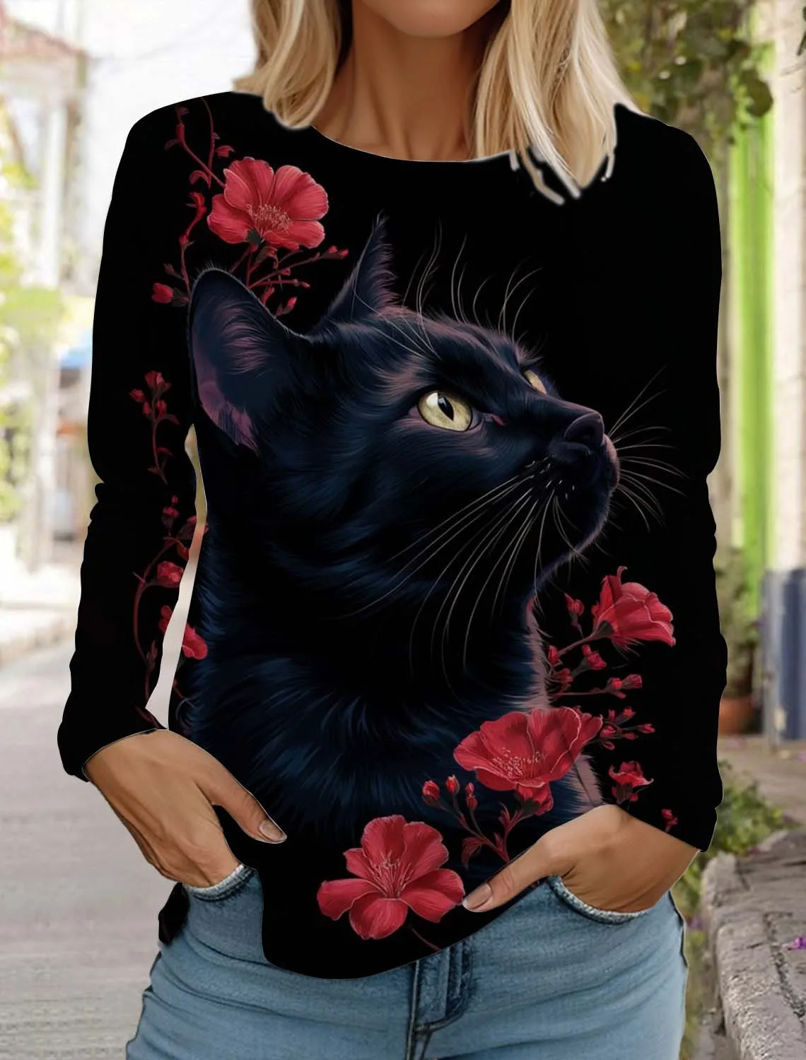 Christmas Cute Cat Women\'s Long Sleeves T-Shirt  Autumn New Animal Clothing Holiday Gift Clothing Fashion Casual Party T-Shirt