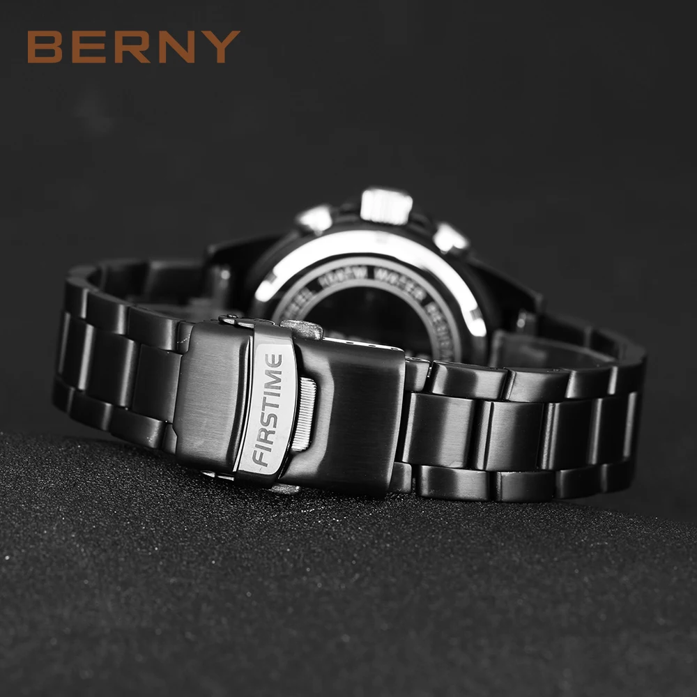 BERNY Watch for Men Quartz Sports Wristwatches Chronograph Male  Luminous  Calendar Divers Watch Golden 10ATM Relogio Masculino