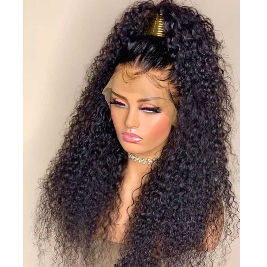 Soft Preplucked 26Inch Long 180Density Natural Black Kinky Curly Deep Lace Front Wigs For Women With Baby Hair Glueless Daily