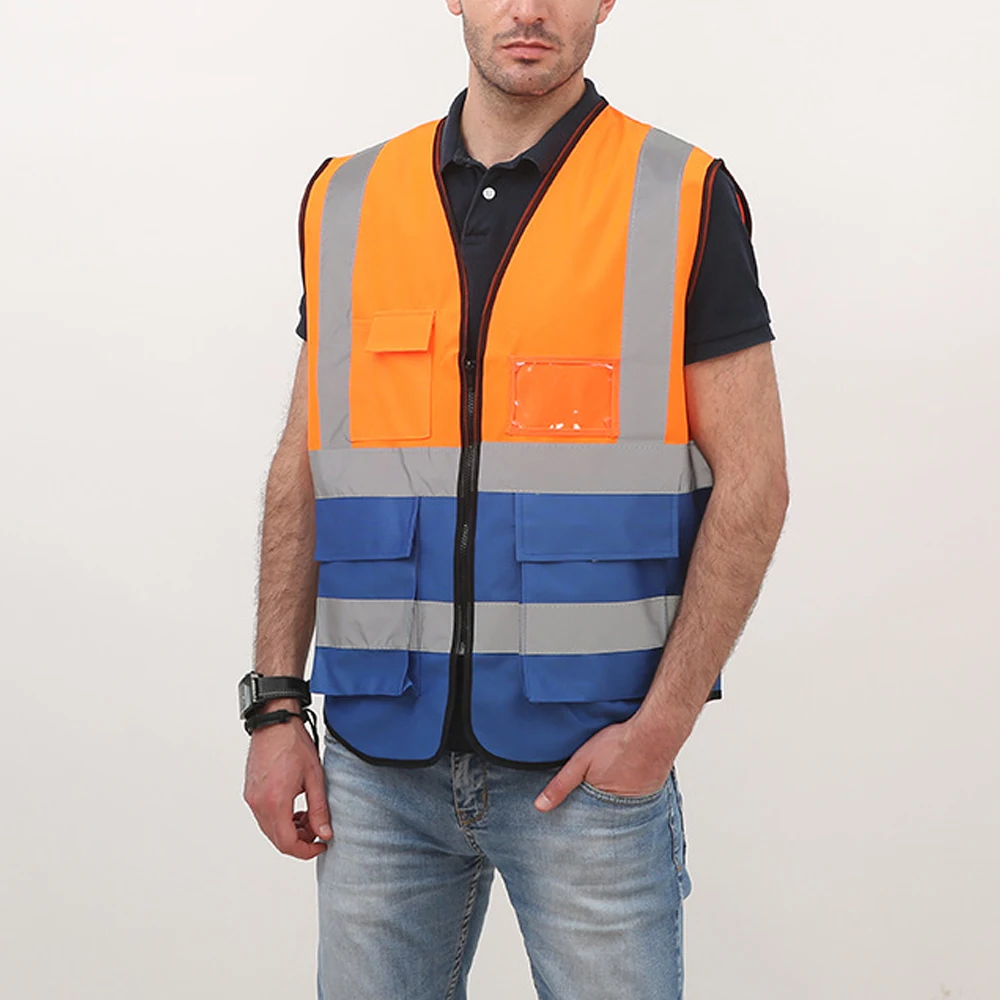 Orange Blue Reflective Safety Vest for Men Women High Visibility Security Jacket with Zipper Hi Vis Vest Construction Work Wear